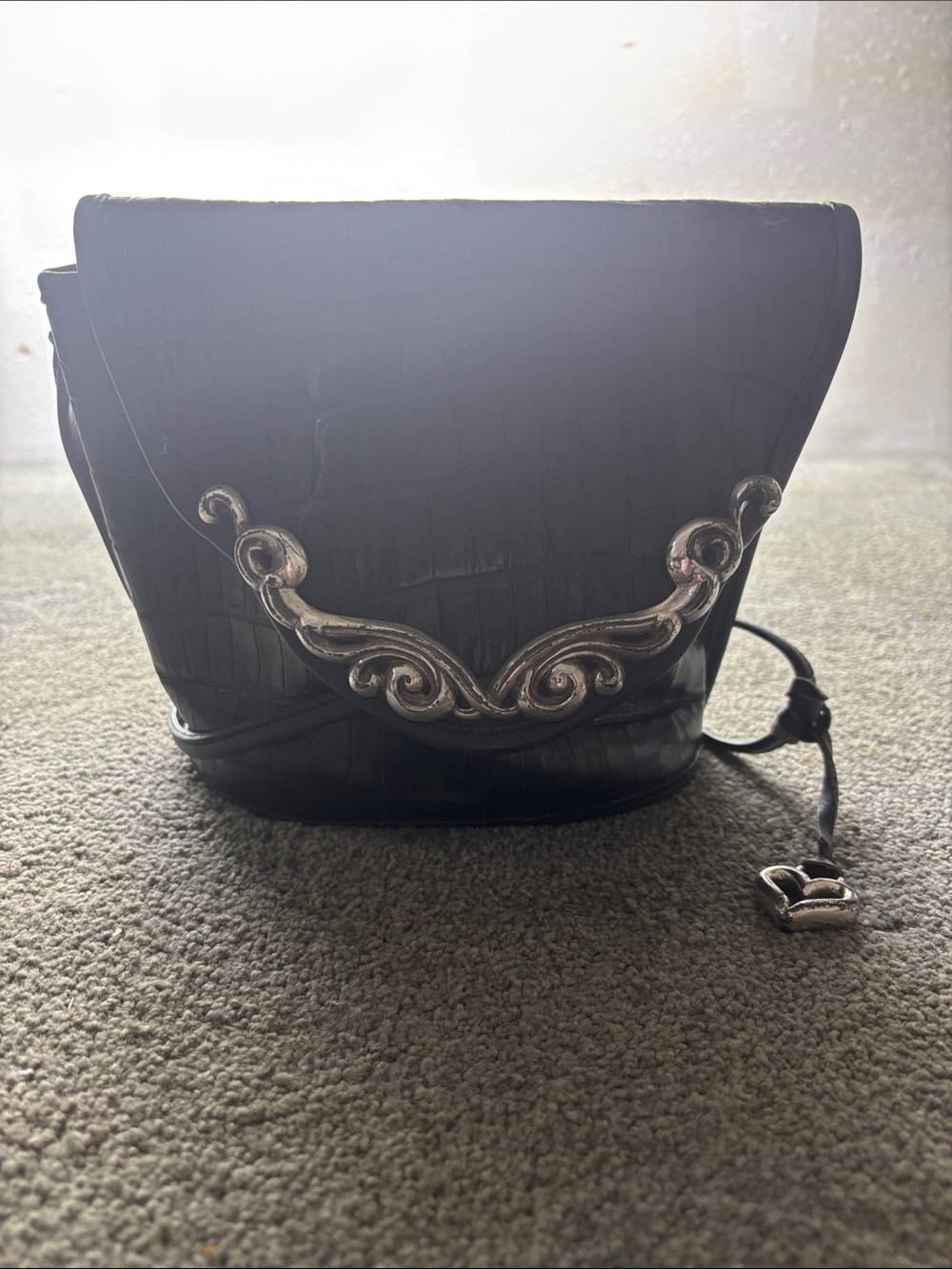 Black Women’s Crossbody Bag with Ornate Silver Accent embossed croc